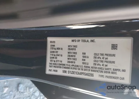 2023 Tesla Model 3 Rear-Wheel Drive from USA, damaged, VIN 5YJ3E1EA4PF646286